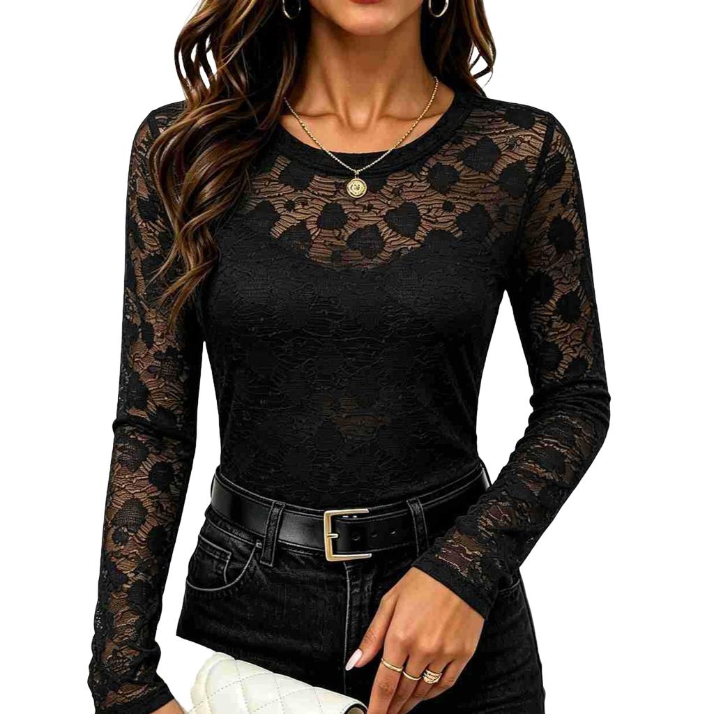 Women's Fall Floral Mesh Long Sleeve Blouse for Casual Everyday Wear