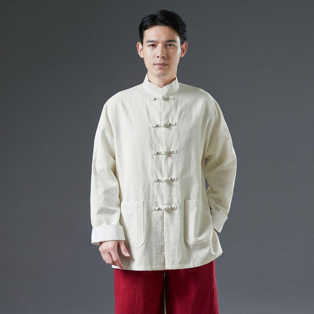 Men's 2025 Spring Silver Buckle Overlap Coat - Retro Chinese Style with Frog Buttons, Loose Casual Fit, Roll-Up Sleeves