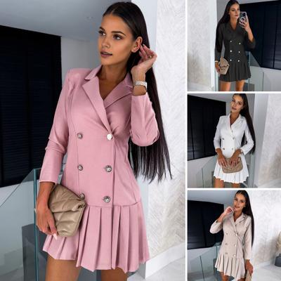 Fall Spring Women Dress Double-breasted Slim Fit Pleated Hem Turn-down Collar Long Sleeves V Neck