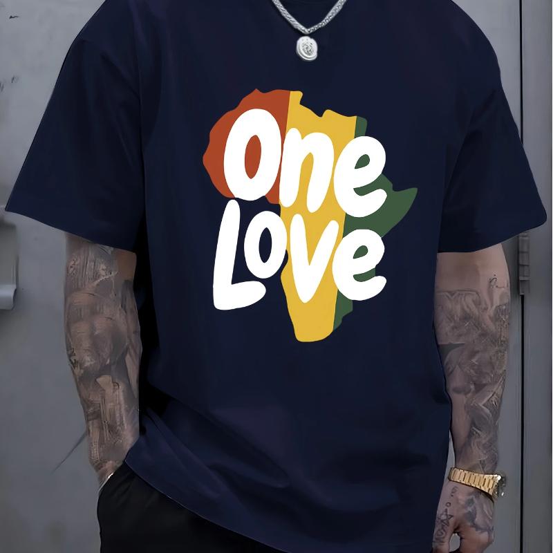 

[One Love Print Short Sleeve Tee] One Love Letter Print Men s Short Sleeve T-Shirts, Comfy Casual Elastic Crew Neck Tops For Men s Outdoor Activities XL темно-синього кольору