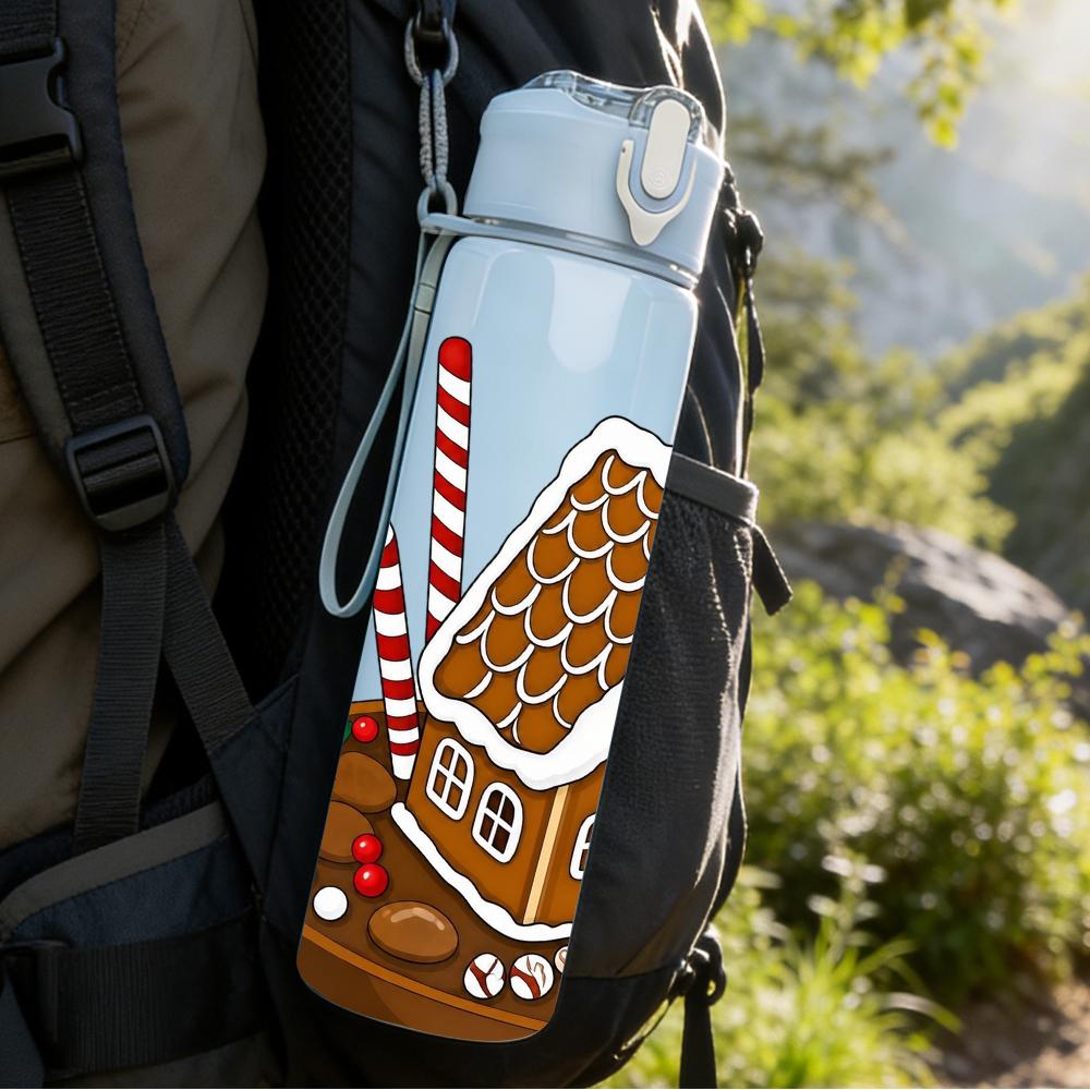 1PC Gingerbread House Candy Cane 750ml Color Plastic Sports Water Bottle Leakproof Flip Straw Lid Suitable for Sports Office Home Use