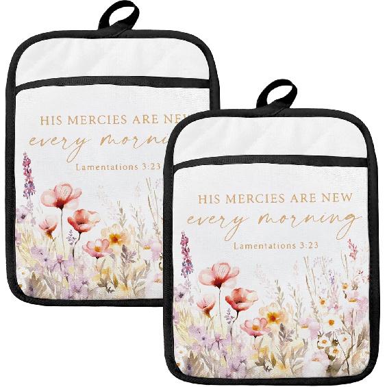 Christian Gifts for Women Oven Mitts Set, His Mercies are New Every Morning Bible Verse Pastel Wildflowers Floral Heat Resistant Kitchen Oven Gloves Shengjzhut-2