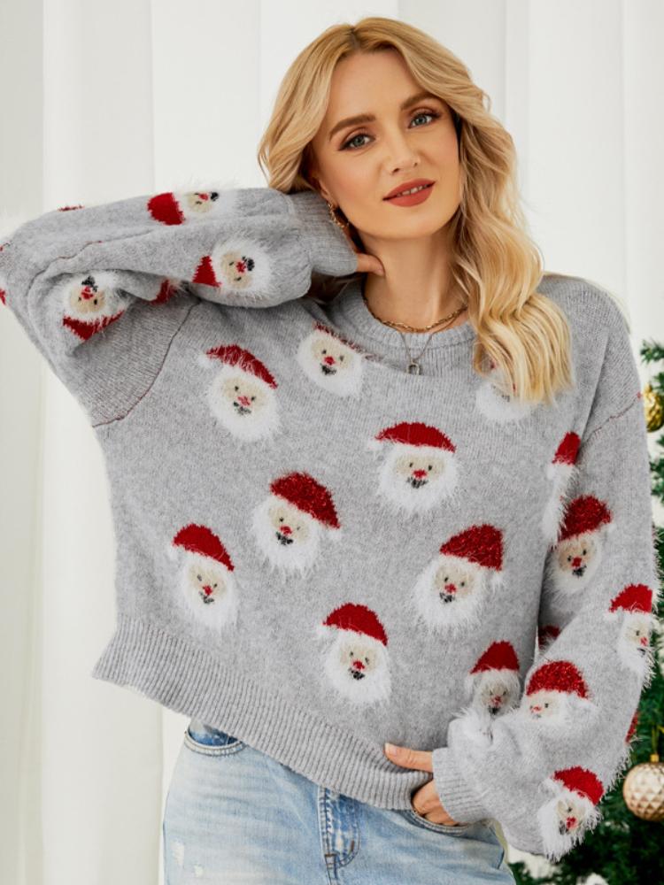 Autumn and Winter Christmas Outfit, Old Man's Head Knitted Sweater, Women's Pullover Christmas Sweater