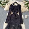 Women's Heavy Diamante Round Neck Long Sleeve Splicing Receiving Waist Sequins Mesh Irregular Dress