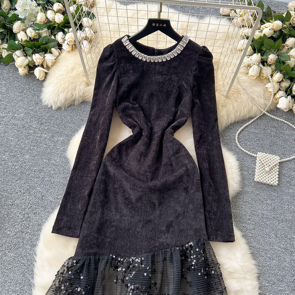 Women's Heavy Diamante Round Neck Long Sleeve Splicing Receiving Waist Sequins Mesh Irregular Dress