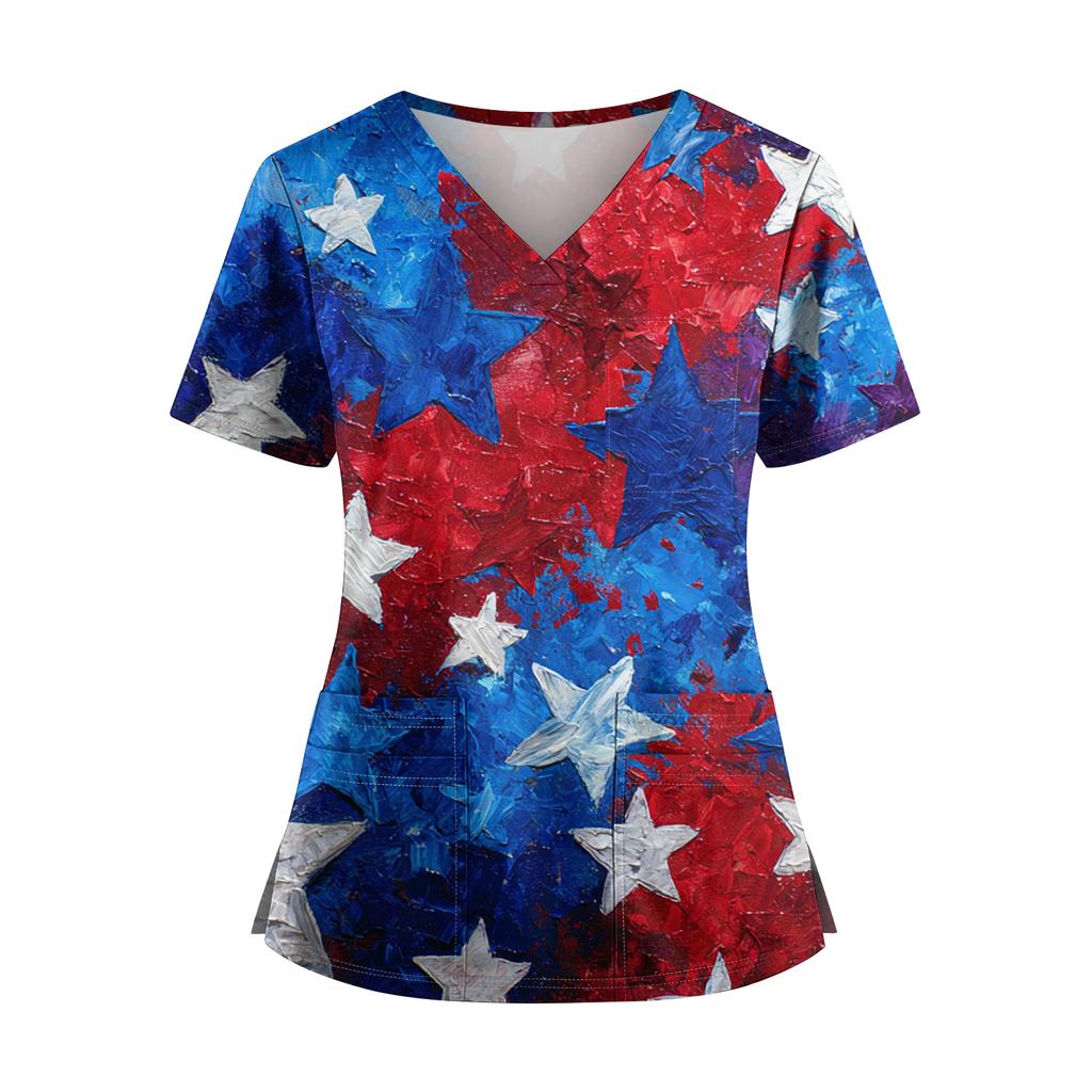 Uniforme Feminino com Estampa do Dia da Independência, Gola V, Bolsos Duplos, Manga Curta e Barra com Fenda - Top para Cuidador