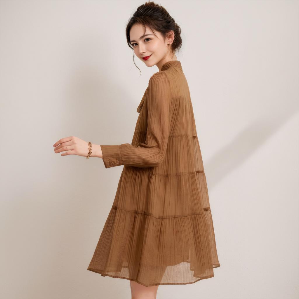 Spring Style Lace-up Bow Temperament Texture Long Sleeve Mid-length Women's Pleated Dress