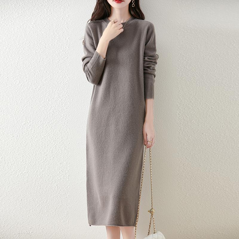Damen Pulloverkleid 100% Wolle MODERN NEW SAGA O-Ausschnitt Strick Langer Pullover Winterpullover Wolle Langes Kleid Weiblich