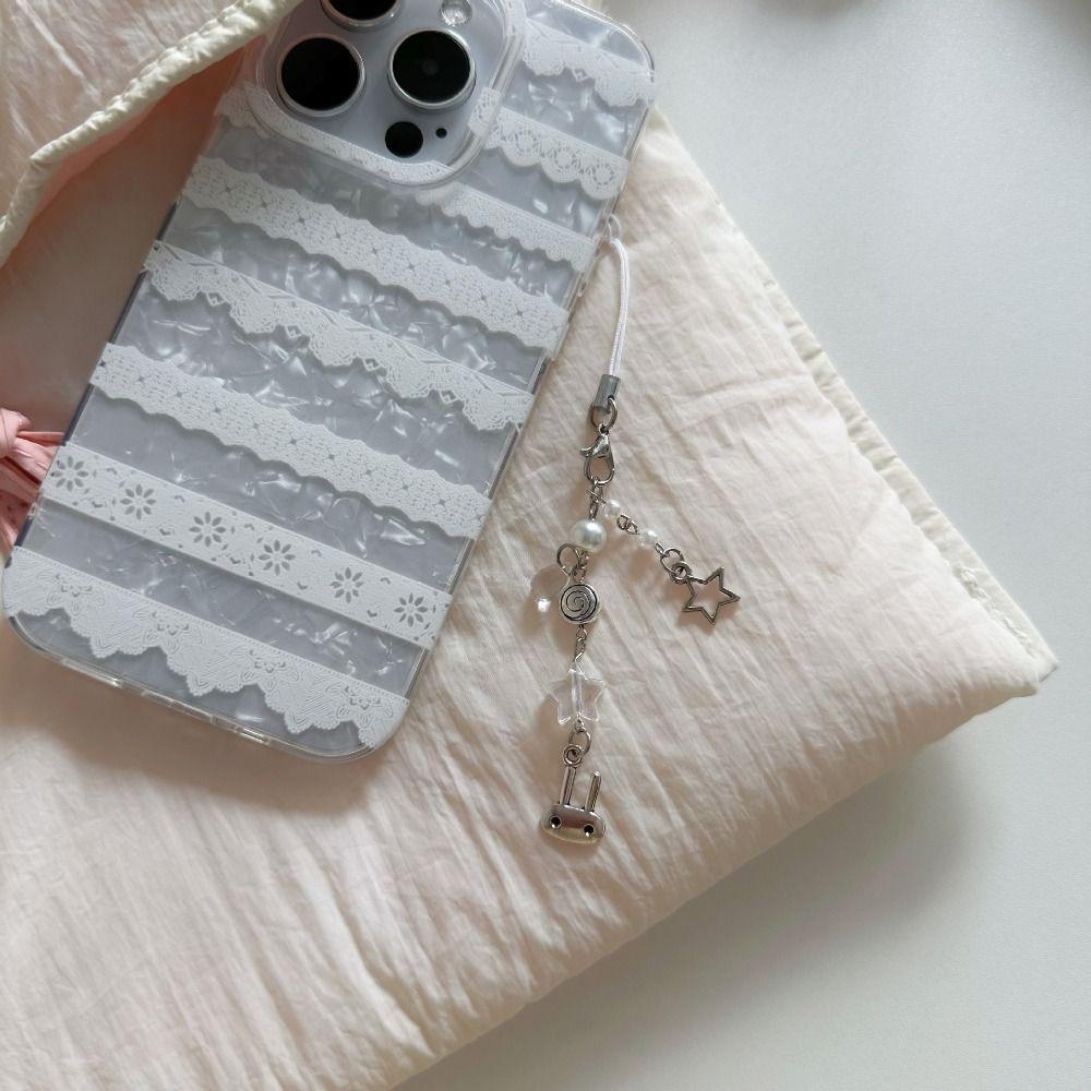 Hanging Rope Y2k Cell Phone Chain Sweet Girl Beaded Keychain Cyber Bunny Phone Charm  Bag Charm