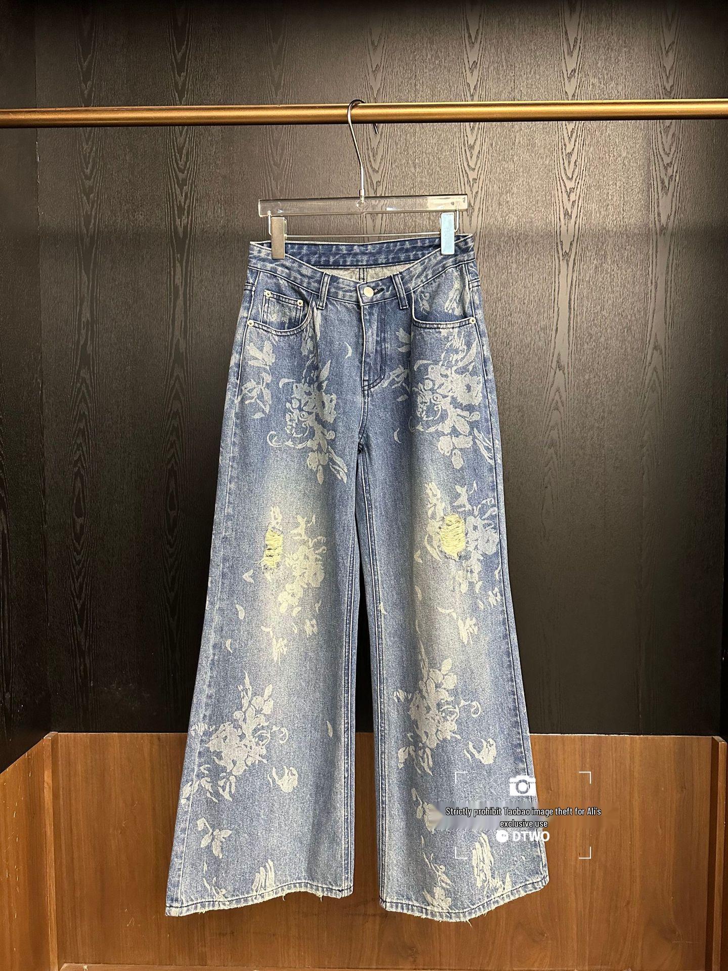 

Women s Retro Floral Blue Jacquard Wide-Leg Denim Pants - Floor-Length, Straight-Leg Design Large синий