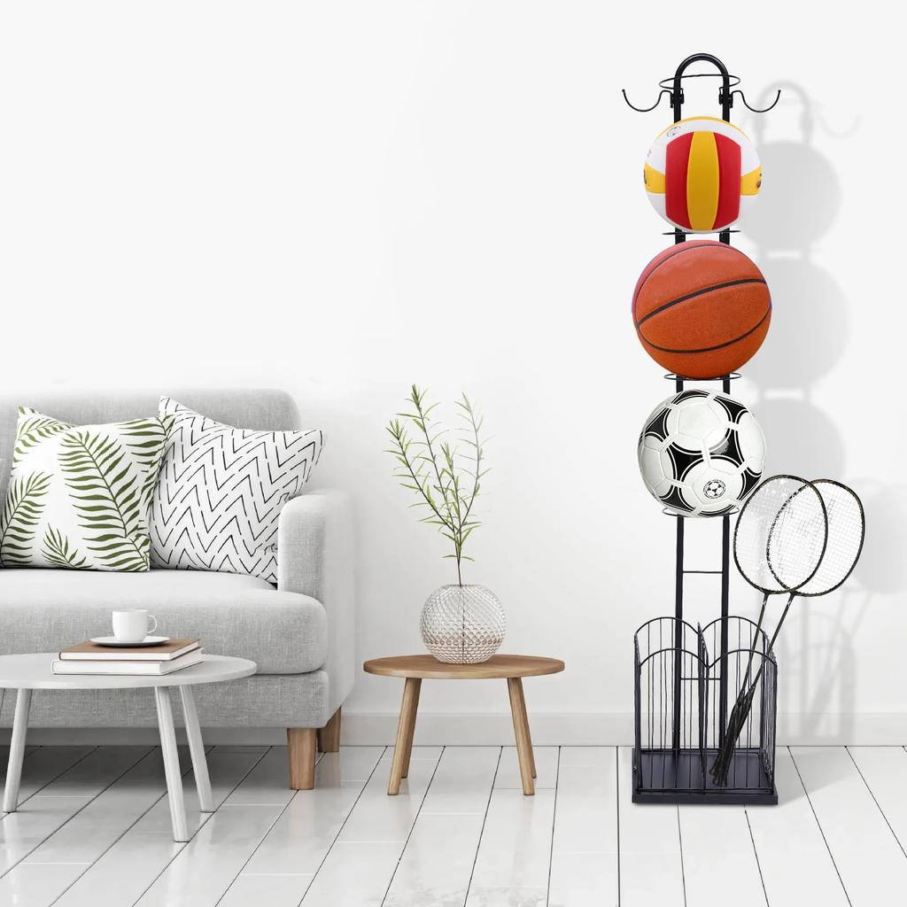 Iron Sports Ball Storage Rack, Black Modern Ball Holder Stand with 4 Basket Organizer, Free Standing Basketball Soccer Ball Cage