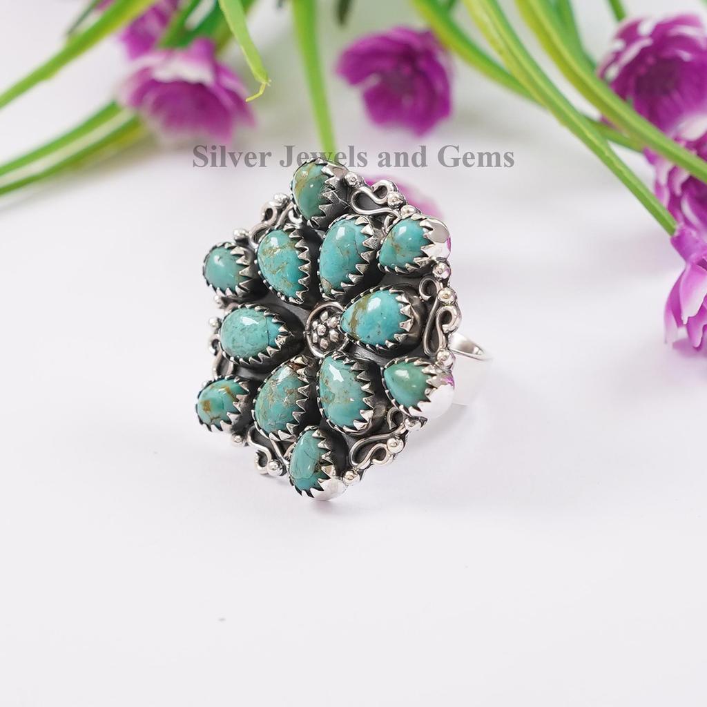 Genuine Turquoise Ring, Multi Stone Cluster Ring, Gift for Mom, 925 Sterling Silver Ring, Arizona Turquoise Boho Ring, Handmade Ring
