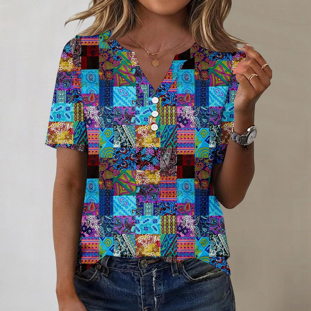 Women's Fashionable Casual Short-sleeved Retro Printed V-neck Top