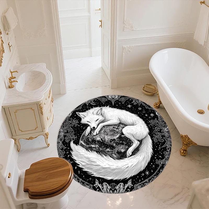 Black and White Fox,Round Area Rug,Carpet Rug for Living Room Bedroom Sofa Playroom Decor,Non-slip Floor Mat