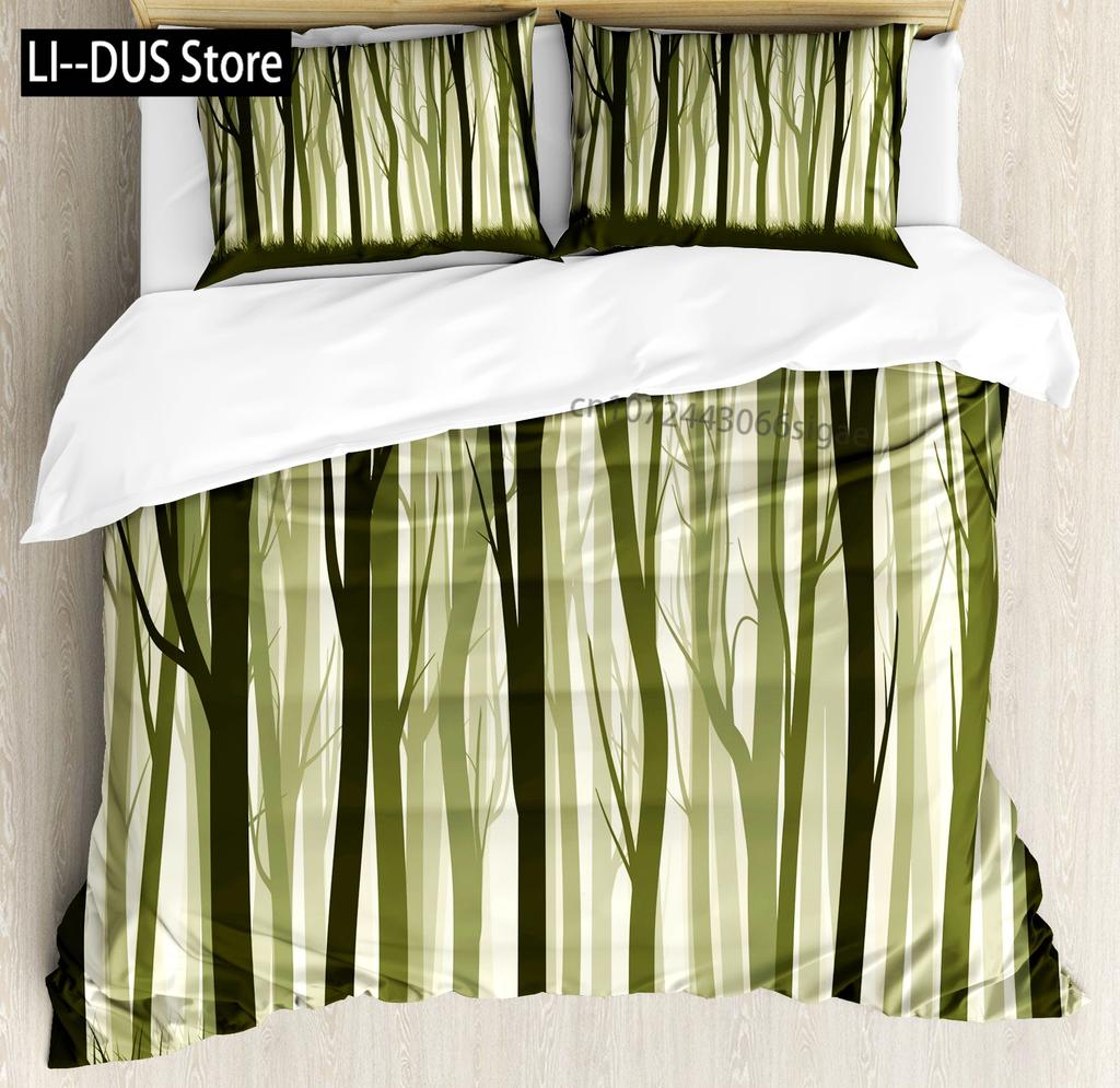Pine Trees in The Forest Duvet Cover Set Foggy Decorative 3 Piece Bedding Set with 2 Pillow Shams Queen Full Size Warm Taupe
