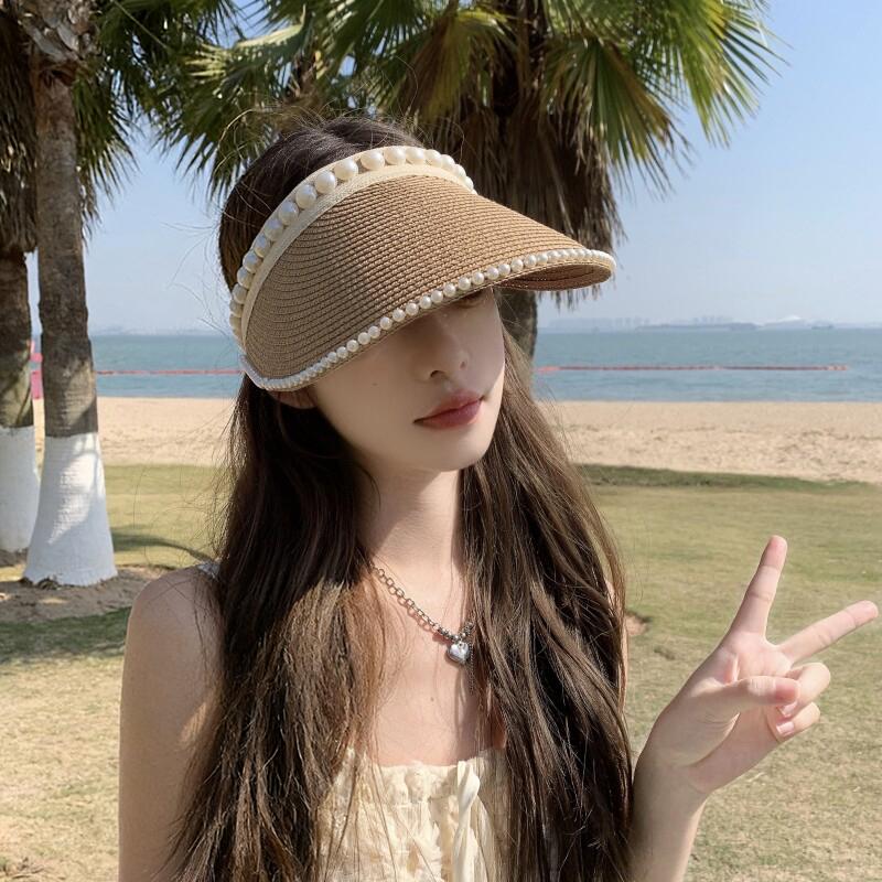 Women'S Summer New Fresh Beach Hat With Pearls Open Top Sun Hat Fashionable Raffia Straw Hat
