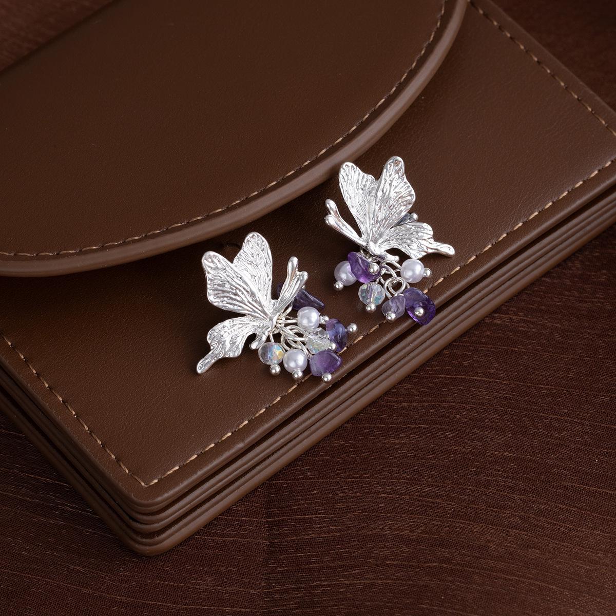 Silver Needle Butterfly Tassel Stud Earrings: Elegant Vacation Style for Women
