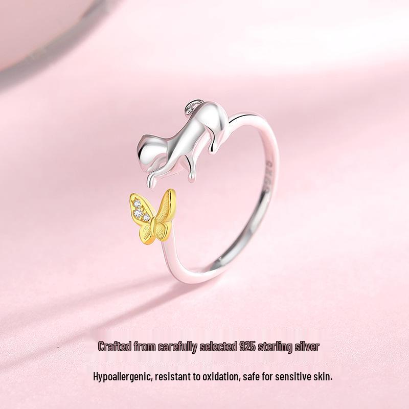 Tichya Sterling Silver Cat Butterfly Open Ring - Versatile Niche Design, Women s S925 Cute Kitten Ring Adjustable Size