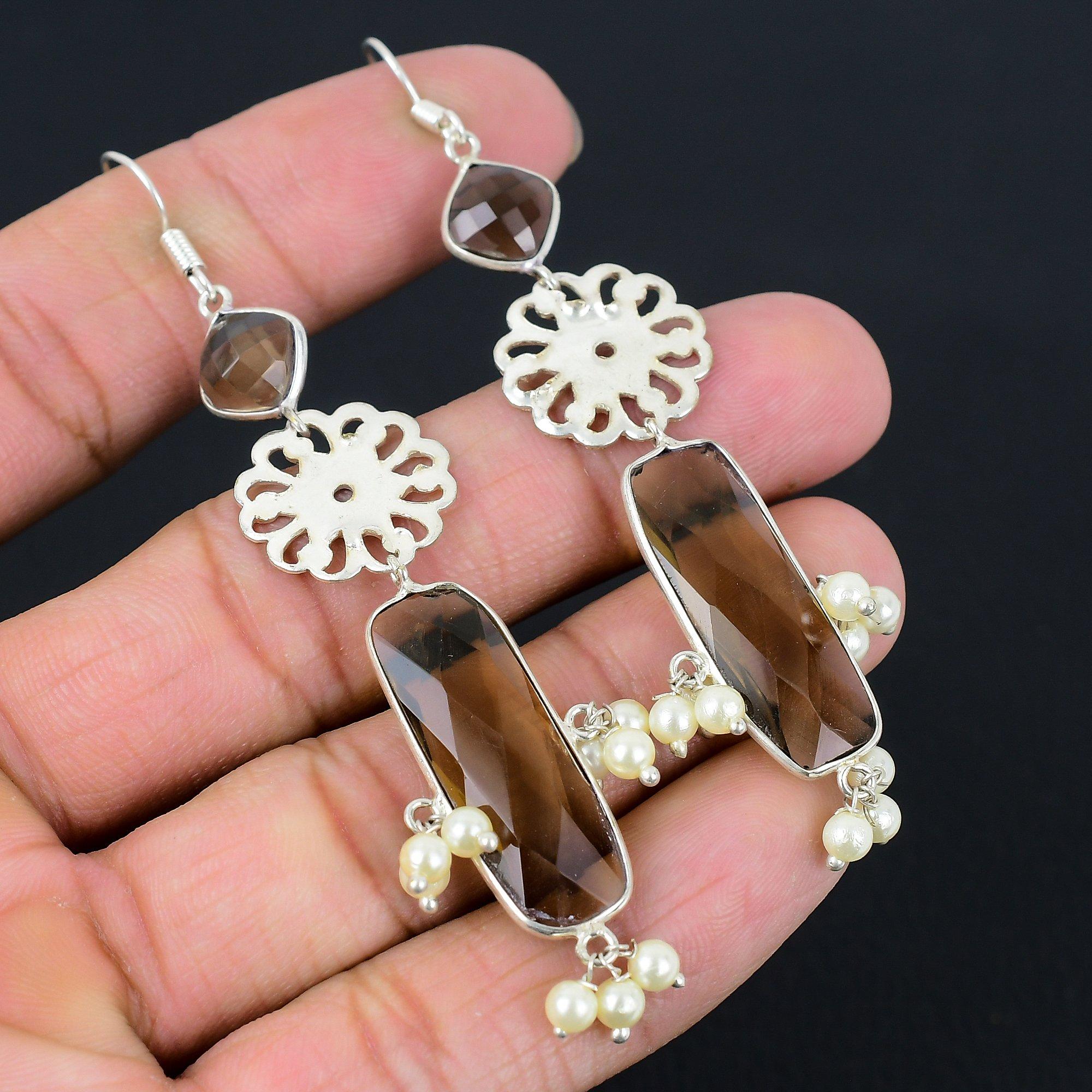 

Natural Smokey Quartz 925 Sterling Silver Drop Dangle Wedding Earrings Jewelry