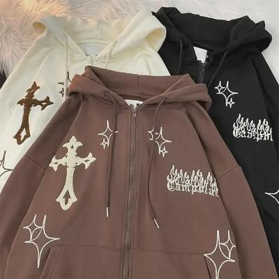 Cross Flame Bestickte Retro Hip Hop Unisex Cardigan Jacke