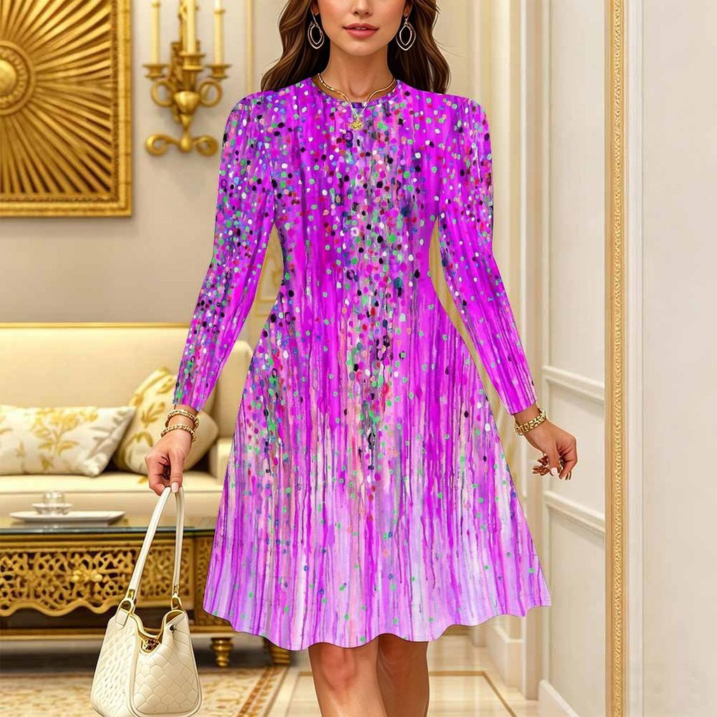 Women Long Sleeve Round Neck Midi Dress Boho Batik Gradient Tie Dye Wave Print Flared Casual Dress