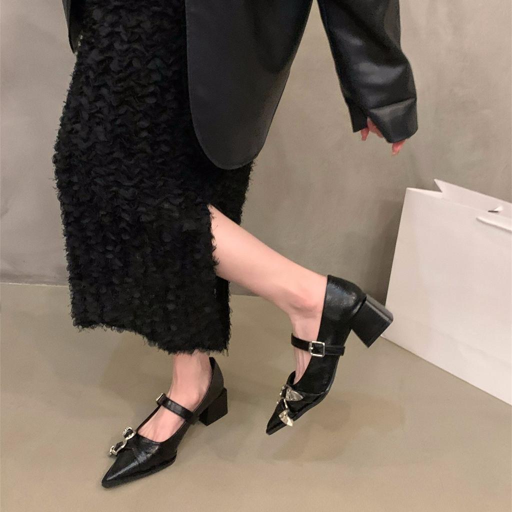 French temperament pointed high heels black single shoes women's shoes 2025 new spring and autumn winter Mary Jane small leather shoes