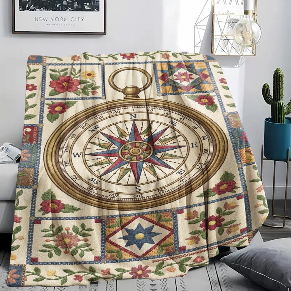 1Pc Compass Print Flannel Blanket, High Quality Comfortable for All Seasons, Home Decor, Warmth and Comfort, Perfect for Christmas Gifts W167