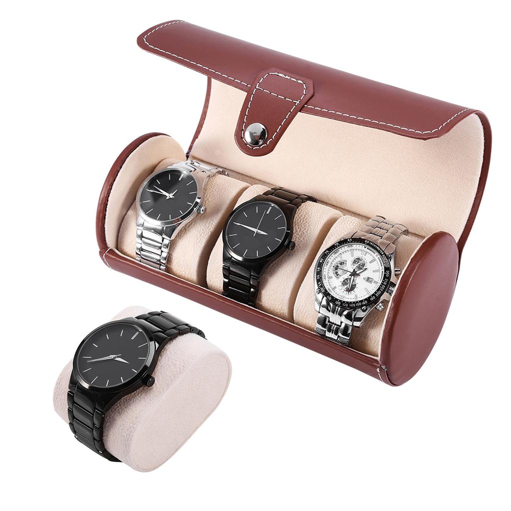 Soporte Enrollable para Relojes Cilíndrico de 3 Compartimentos Vitrina para Relojes de Pulsera Caja de Almacenamiento para Joyas Regalo (marrón)