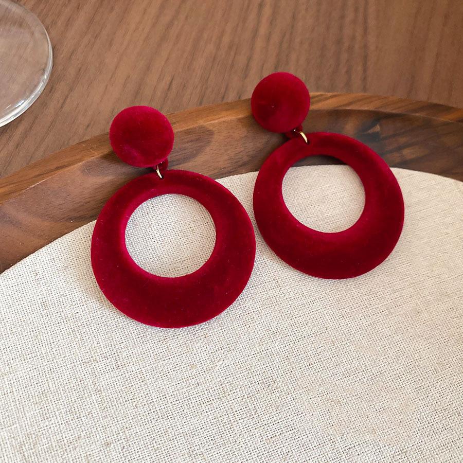 Retro Hong Kong Style Red Flocking Geometric Round Earrings Earrings Fashion Personality Temperament Earrings Women