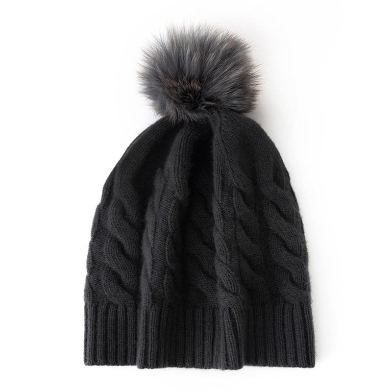 Women's 100% Cashmere Pom-Pom Hat - Three-Strand Winter Knit, Versatile Cable, Warm Ear Protection