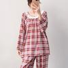 Spring and Summer New Plaid Printing Crew Neck Lace Long-sleeved Trousers Pajamas Set Women's Loungewear Loose Spot