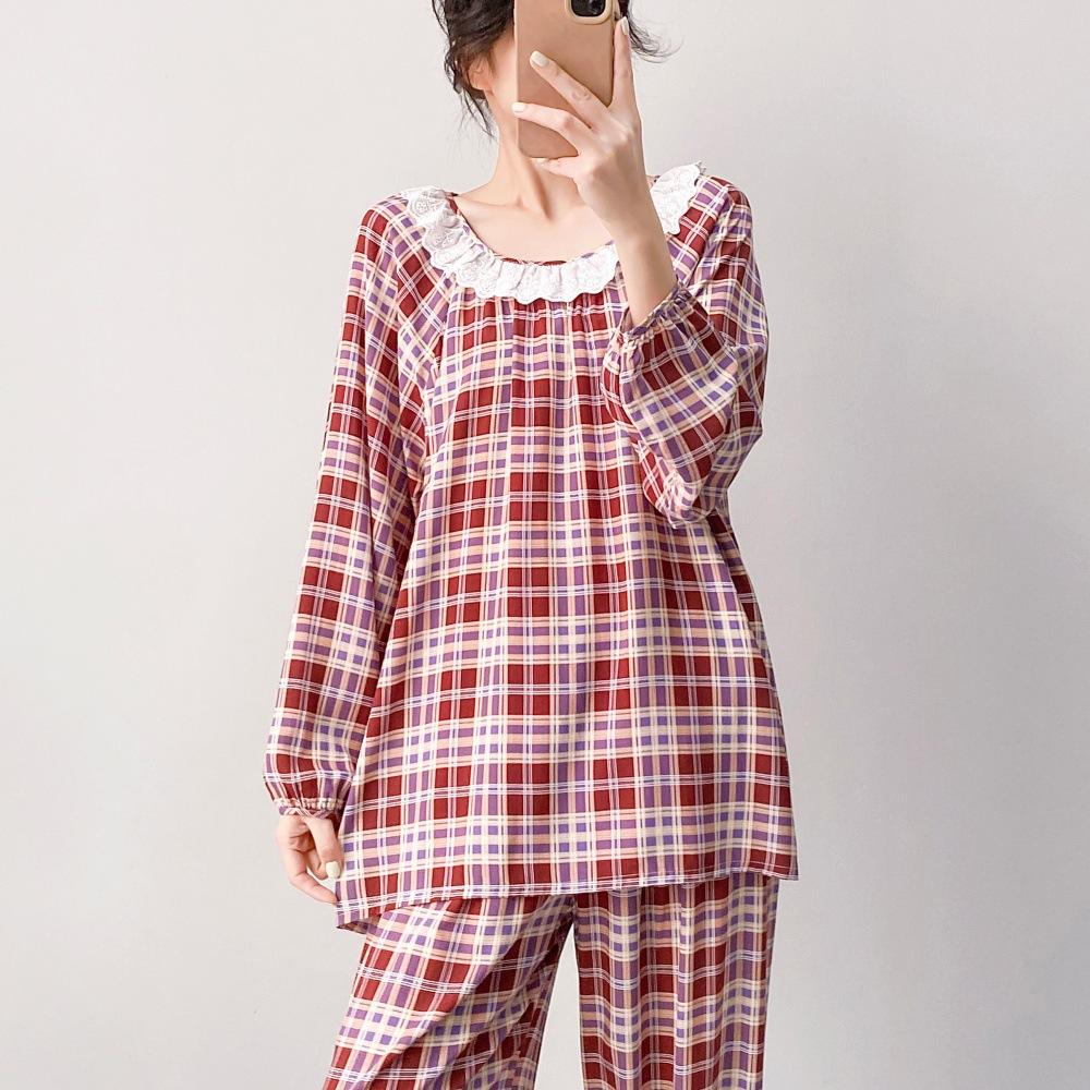 Spring and Summer New Plaid Printing Crew Neck Lace Long-sleeved Trousers Pajamas Set Women's Loungewear Loose Spot