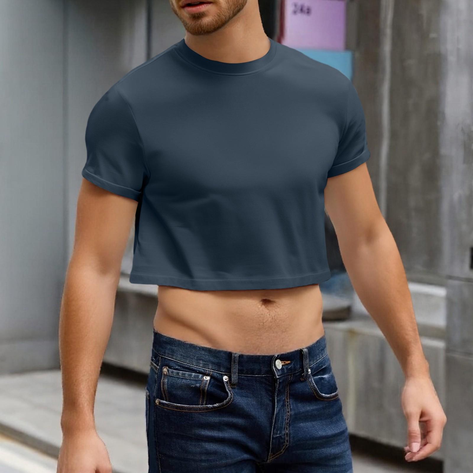 

Мужской полукрой повседневный пляжный топ с круглым вырезом и короткими рукавами L тёмно-синий