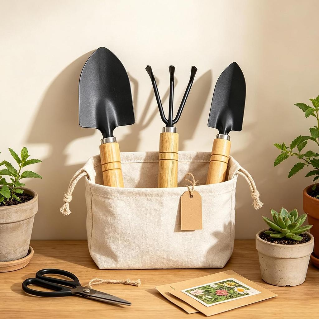 3PCS Mini Gardening Tool Set - Wooden Handle Garden Tools with Trowel, Transplanter & Cultivator Rake, Perfect for Planting, Transplanting & Small