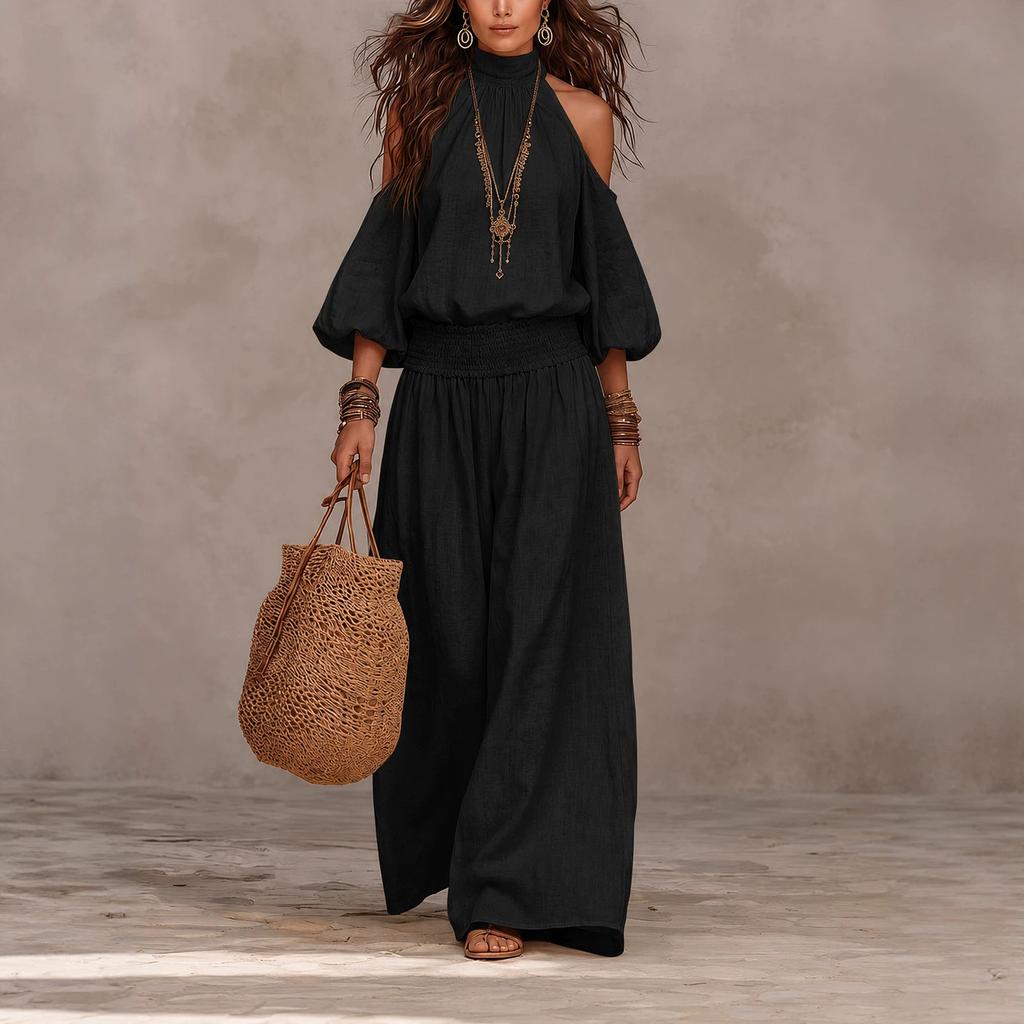 Damen schulterfreies Oberteil und Hose Set Lässig Elastische Taille Weite Hosen Boho Resort Kleidung Zweiteiliges Outfit