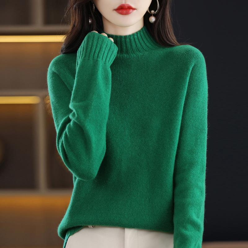 Women's Pure Wool Thickened Sweater - Autumn/Winter New Style, Loose Half-High Neck Pullover Knit Base Layer