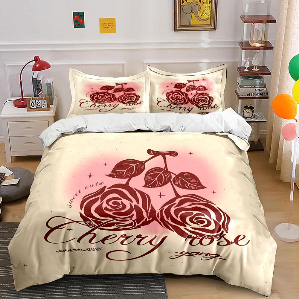 Cherry Rose Floral Design Bedding Duvet Cover Set Duvet Cover Pillowcases (1*Duvet Cover 2*Pillowcases, without duvet insert)