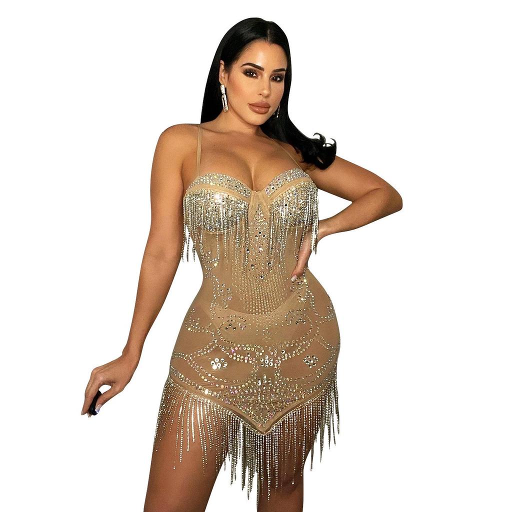 Summer Women's Sexy Diamond Tassel Mesh Dress