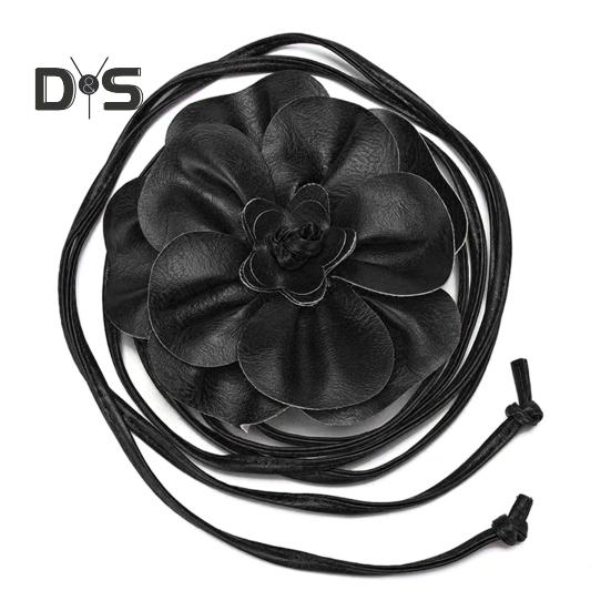 

Пояс с цветочным принтом в стиле бохо для женщин и девочек, тонкий пояс из искусственной кожи с цветочным принтом для свадебного платья чёрный