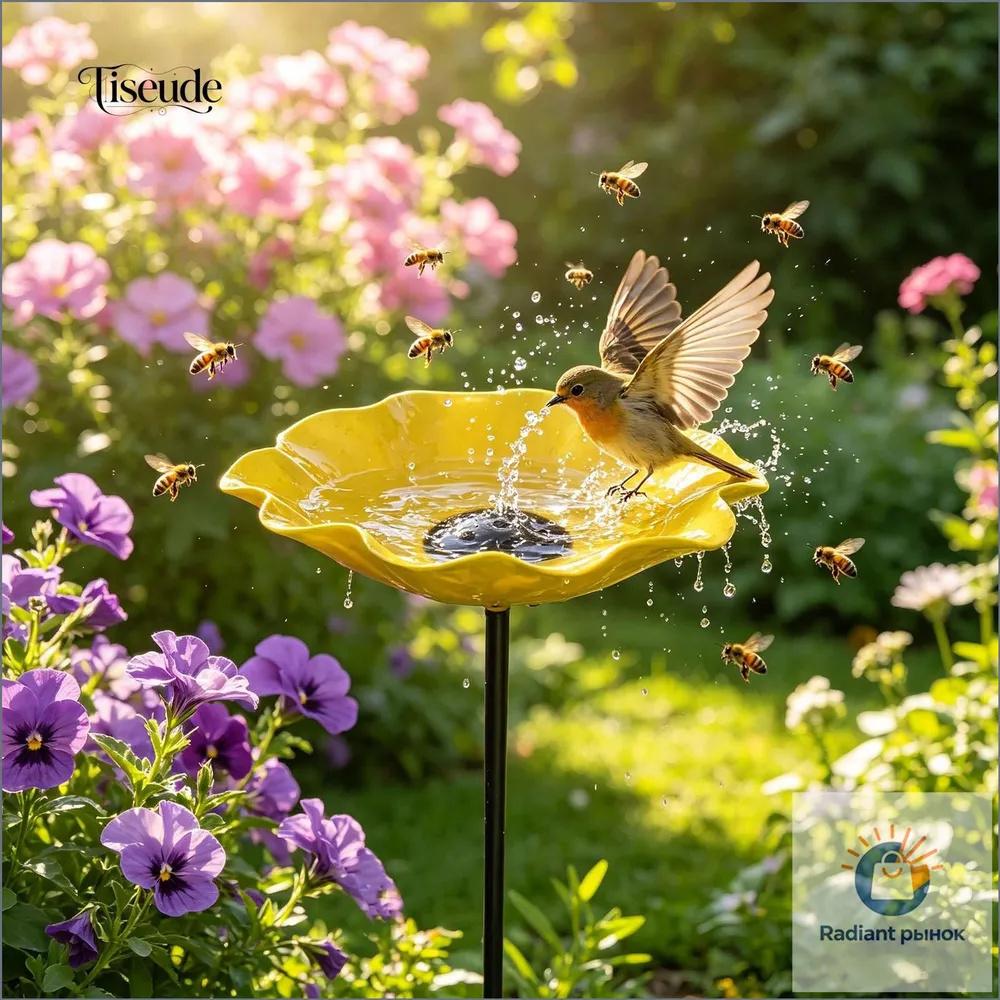 Outdoor Garden Bird Feeder Metal Ground Stake Decorative Flower Shaped Birdbath for Yard Patio Park Lawn
