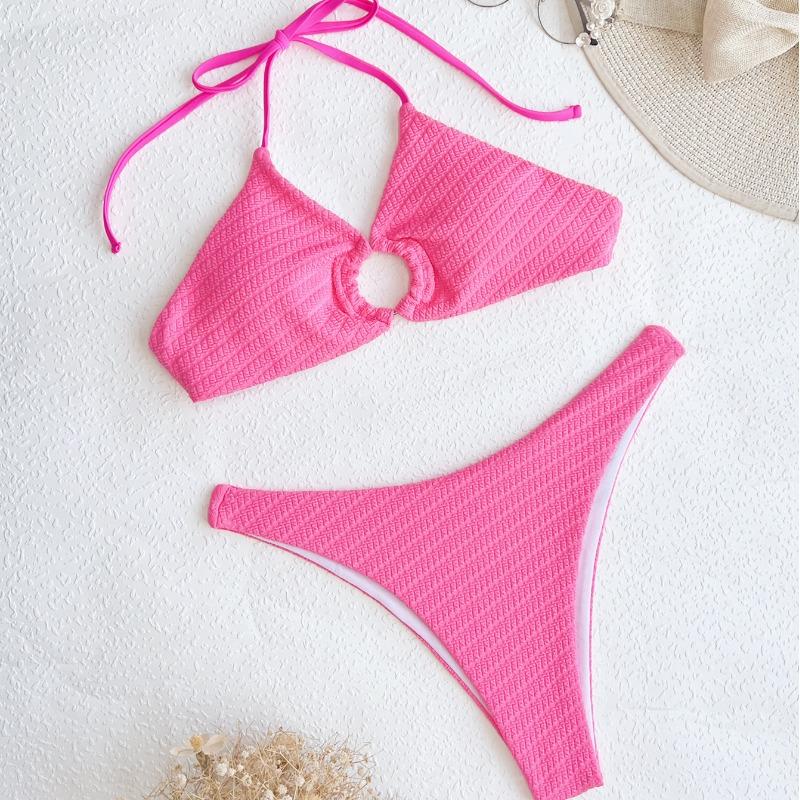 

Женский купальник, сплошной цвет, сексуальный купальник с завязками на спине, бикини с высокой талией, пляжная одежда, купальные костюмы L розовый