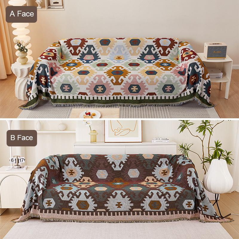 

1PC Geometric Pattern Sofa Throw with Tassels Double-Sided Furniture Protector for Living Room 180x130cm коричневий