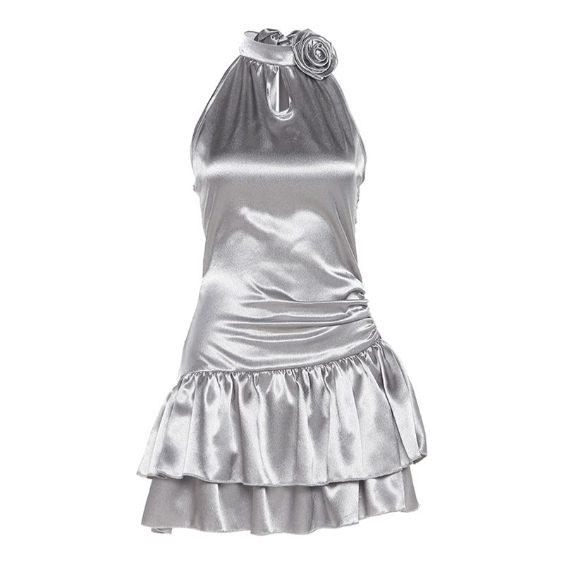 Rochie de petrecere subțire metalizată reflectorizantă Y2k de vară pentru femei Rochii mini cu spate, modelate, argintii