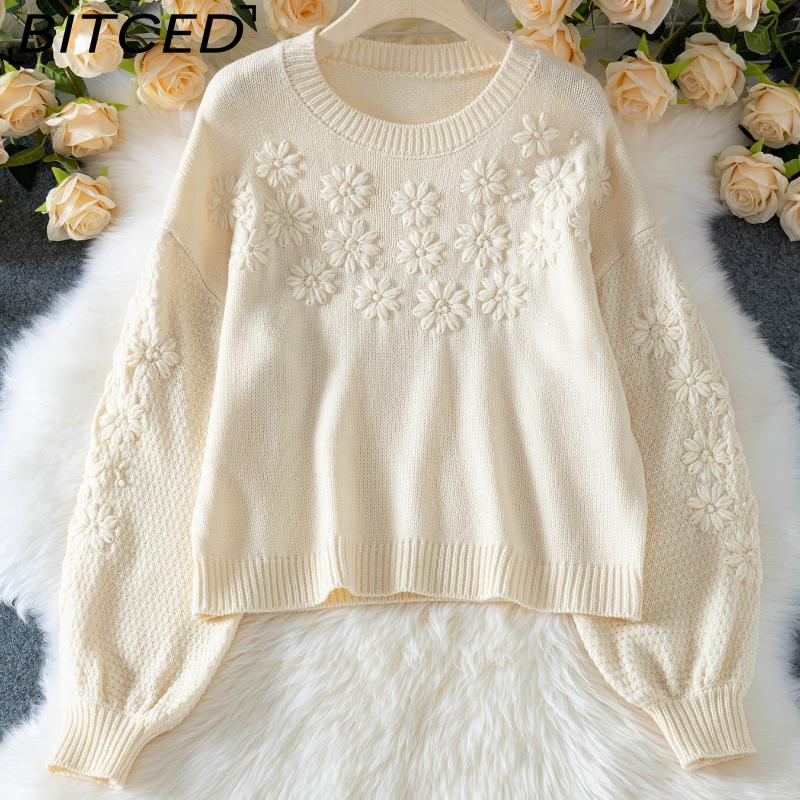 

BITCED Осень/Зима Свежий и Нежный Тяжелая Вышивка 3D Ромашка Круглый Вырез Оверсайз Вязаный Джемпер XL бежевый