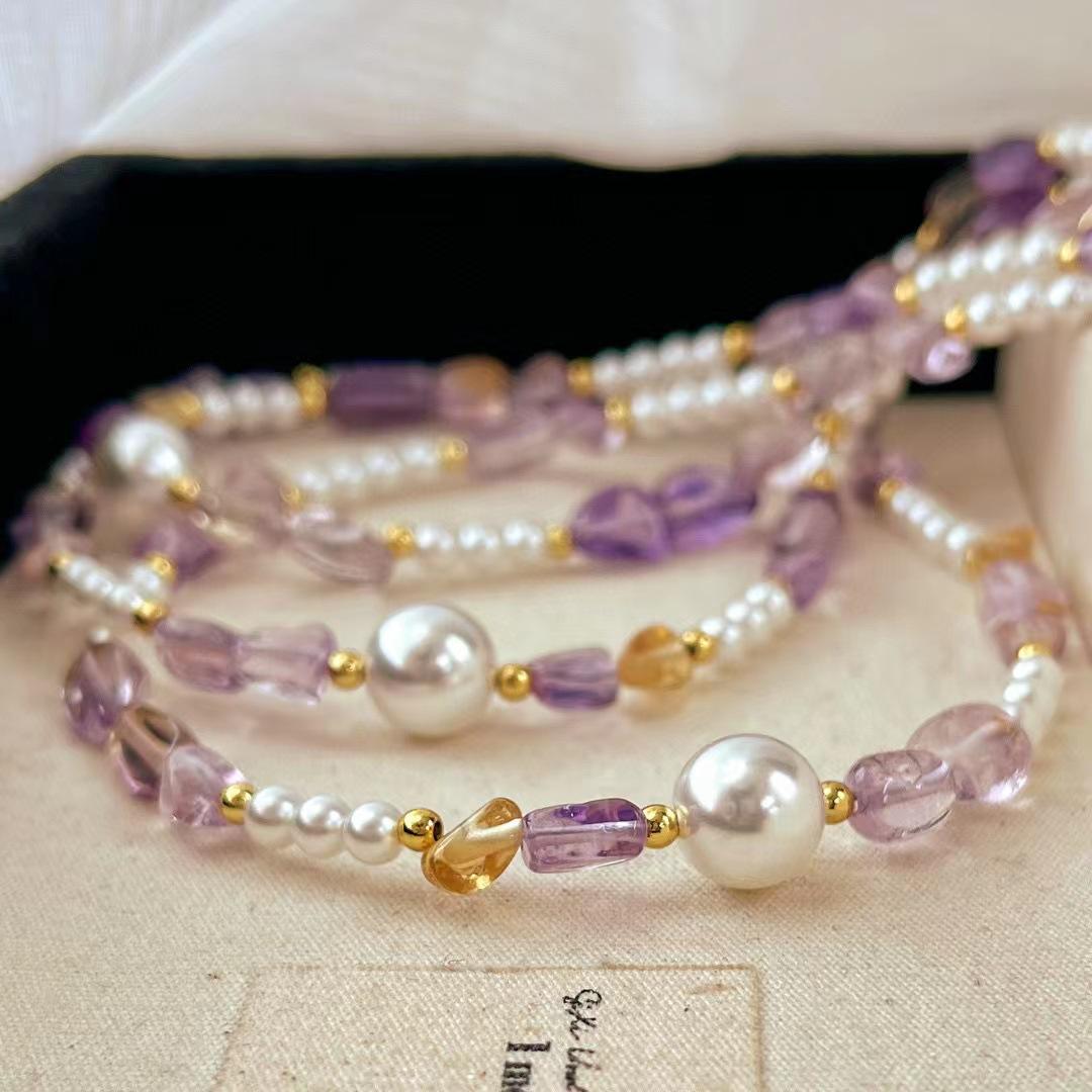 

Vintage High Quality Natural Amethyst Artificial Australian White Pearl Collarbone Chain Necklace