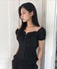 GENERALIDEA Cap Sleeve Heart Neck Shirred Blouse [Black] / Wbe2L03530