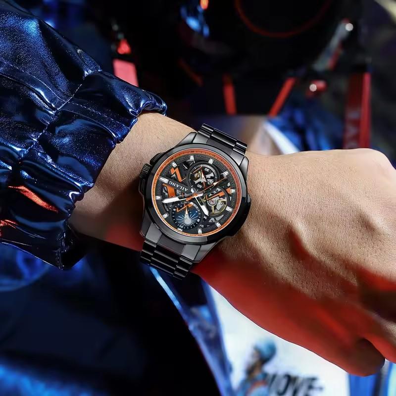 AILANG Multifunctional MenMechanical Watch Hollow Tourbillon Automatic Wristwatch Waterproof Luminous Bracelet Moon Phase Dial