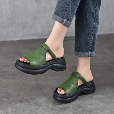 Fashion House Slippers Platform Shoes Peep Toe Lady Low Slipers Women Slides Genuine Leather Girl 2025 Summer Hoof Heels PU Rome Fabric