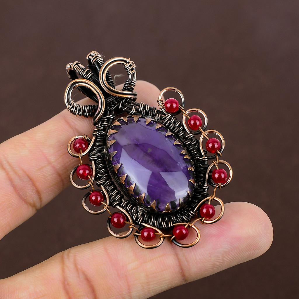 Natural Amethyst, Garnet Gemstone Handmade Copper Wire Wrap Pendant 2.56" E3H41