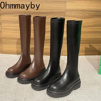 Plateauabsatz Damen Kniehohe Stiefel Mode Gemütliche Weiche Lederschuhe Herbst Winter Kurzer Plüsch Damen Ritter Lange Stiefeletten